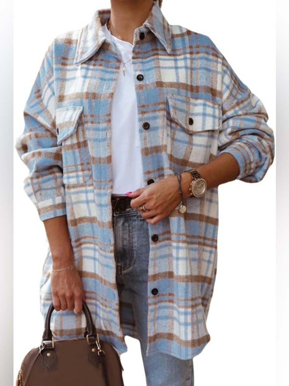 Women's Longline Blue Plaid Button-Up Shacket